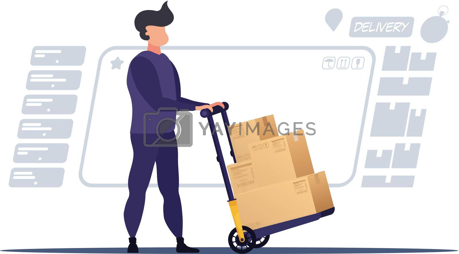 Royalty free image of A loader or courier carries boxes on a trolley. The concept of delivering parcels to home or moving house. Cartoon style. Vector illustration. by Javvani
