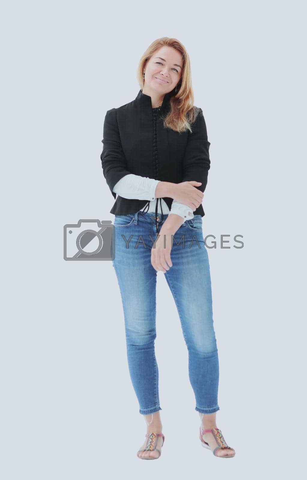 Royalty free image of in full growth. a young woman in jeans and a black blouse by asdf