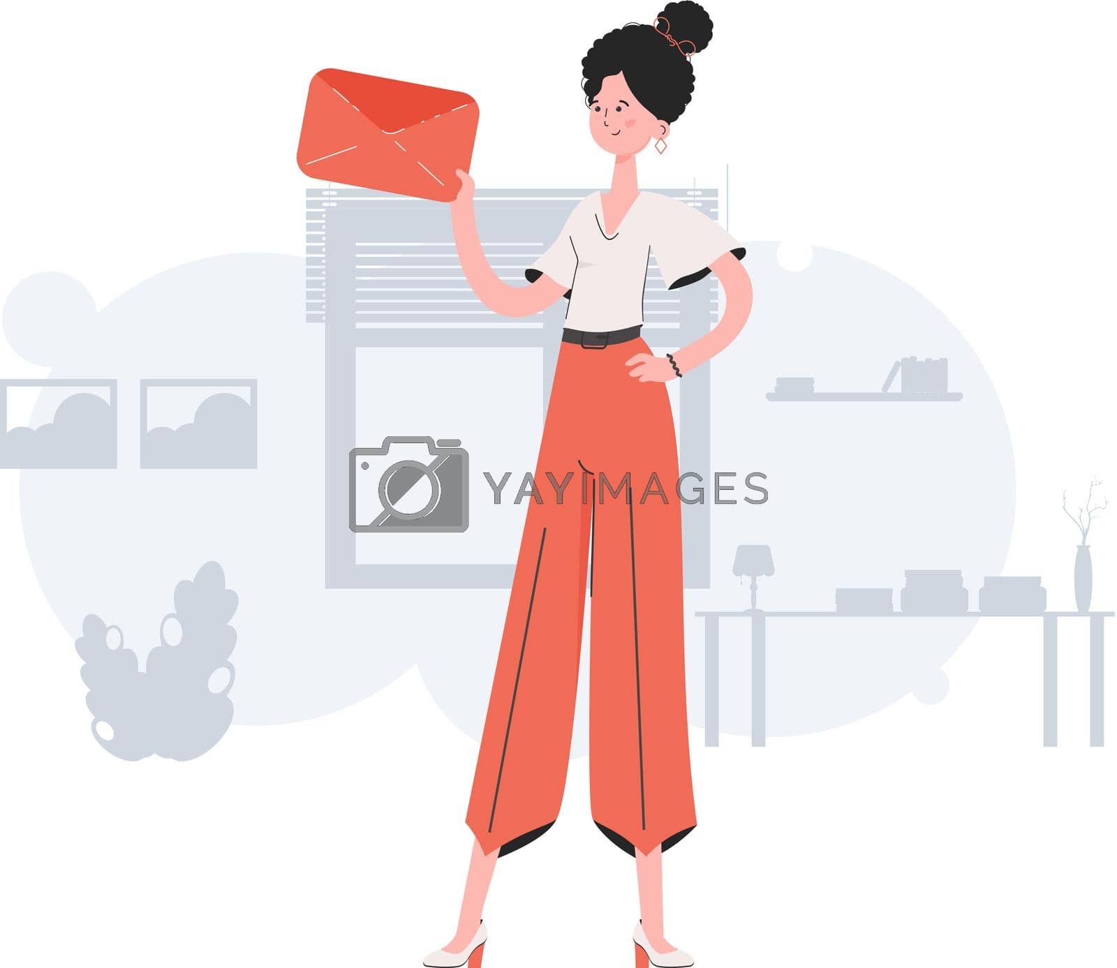 Royalty free image of A woman stands in full growth holding an envelope in her hands. Communications. Element for presentations, sites by Javvani