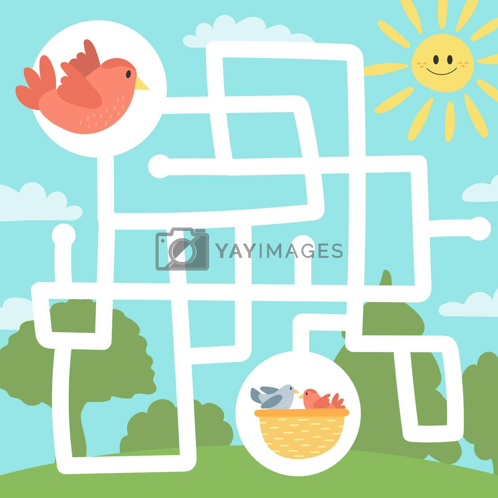 Maze game for children, education worksheet. Bird and nest with chicks. Easy difficulty level for preschoolers