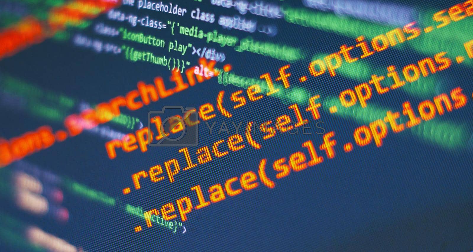 Royalty free image of Programming code screen of software developer. Software Programming Work Time. Code text written and created by Maximusnd