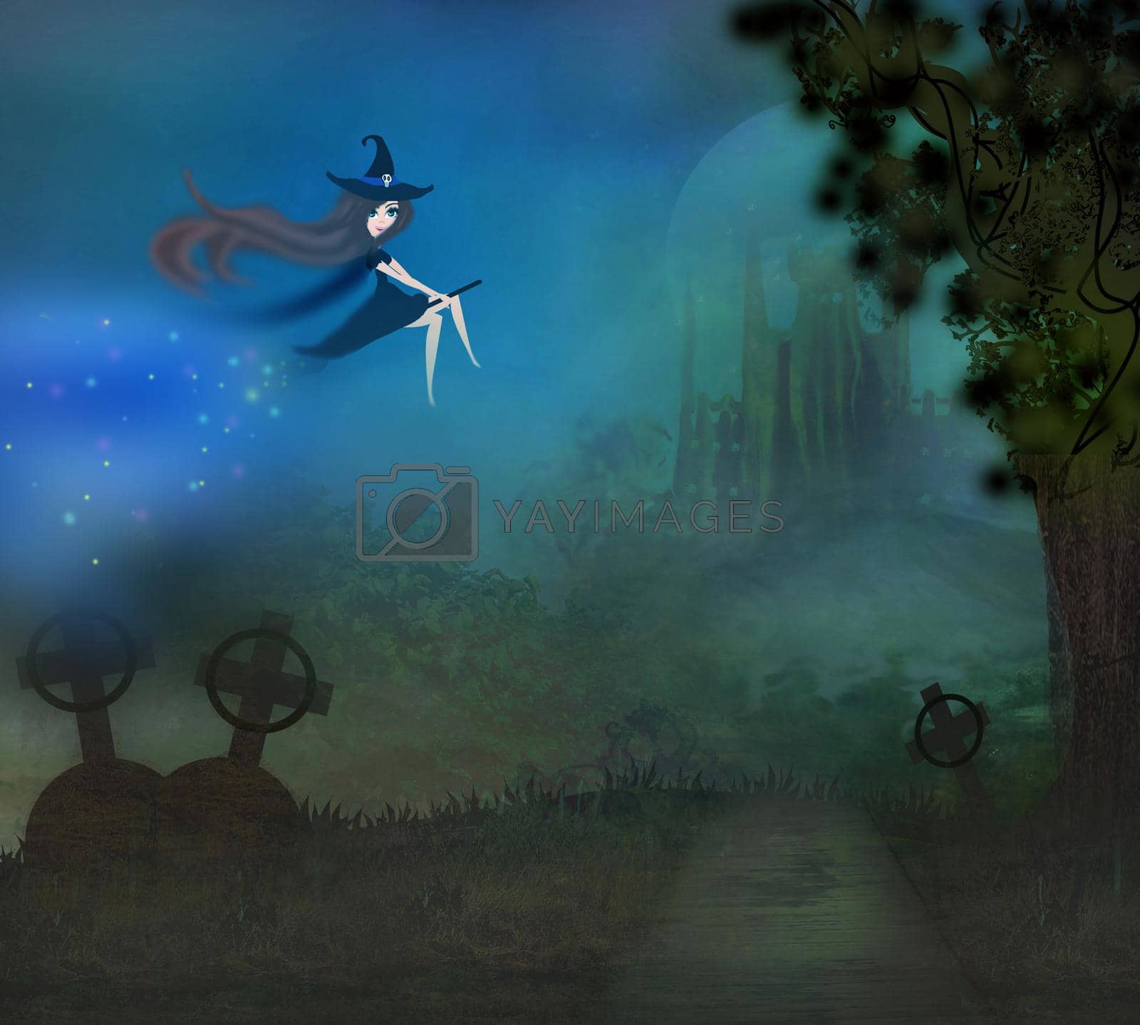 Royalty free image of Witch flying on a broom in moonlight. by JackyBrown