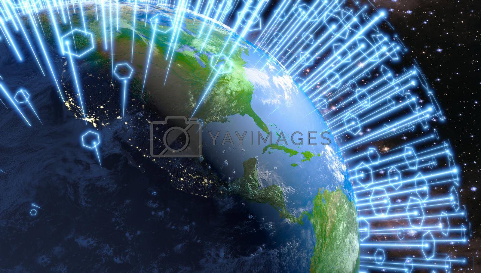 Global telecommunication network of communication and internet around the planet Earth. 3D render. Elements of this image furnished by NASA.