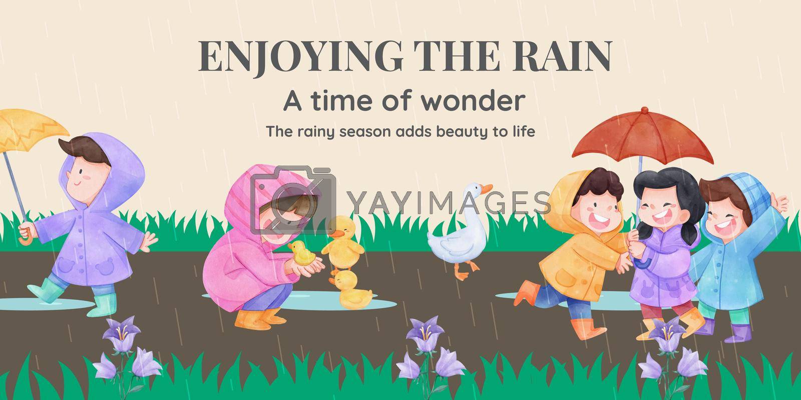 Royalty free image of Blog header template with children rainy season concept,watercolor style by Photographeeasia