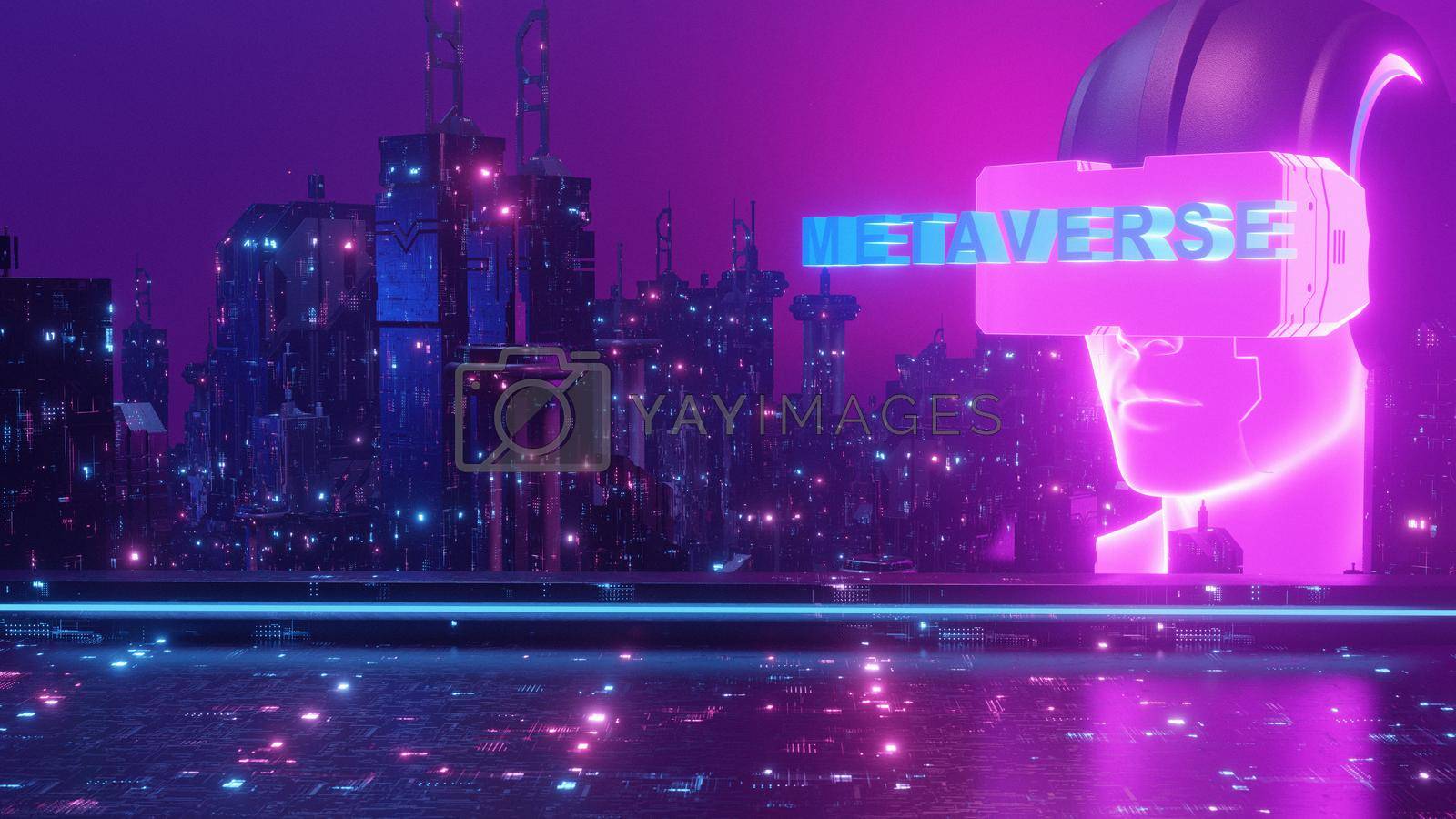 Royalty free image of Metaverse VR Virtual Reality Man Glowing Neon Cyberpunk Blockchain Cityscape Wallpaper Background 3d Illustration by yay_lmrb