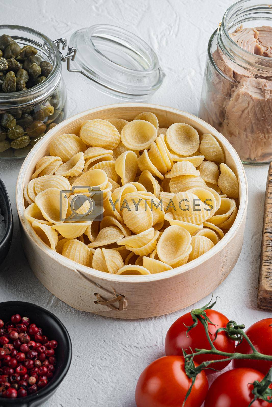Royalty free image of Tuna pasta shells ingredients, on white background by Ilianesolenyi
