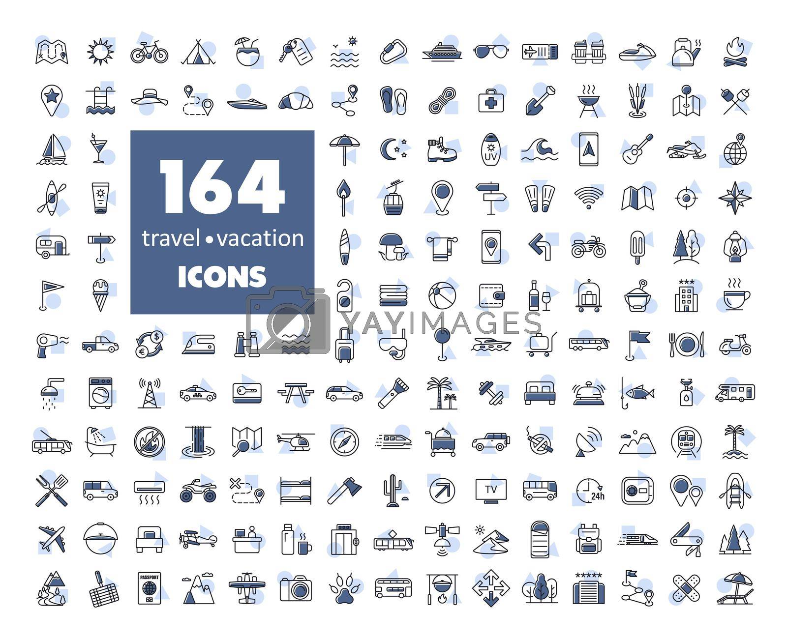 164 travel vacation vector isolated icons set. Graph symbol for travel and tourism web site and apps design, logo, app, UI