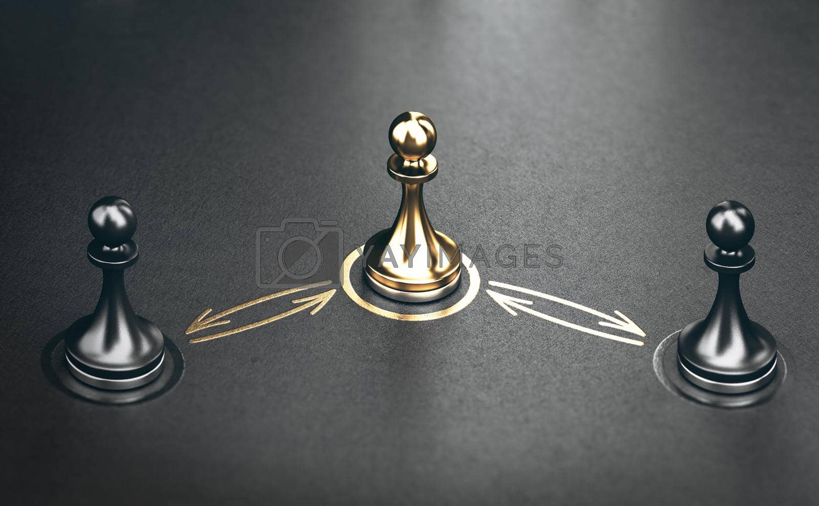 Three pawns and golden arrows over black background. Concept of interpersonal conflict management and conciliator. 3D illustration.