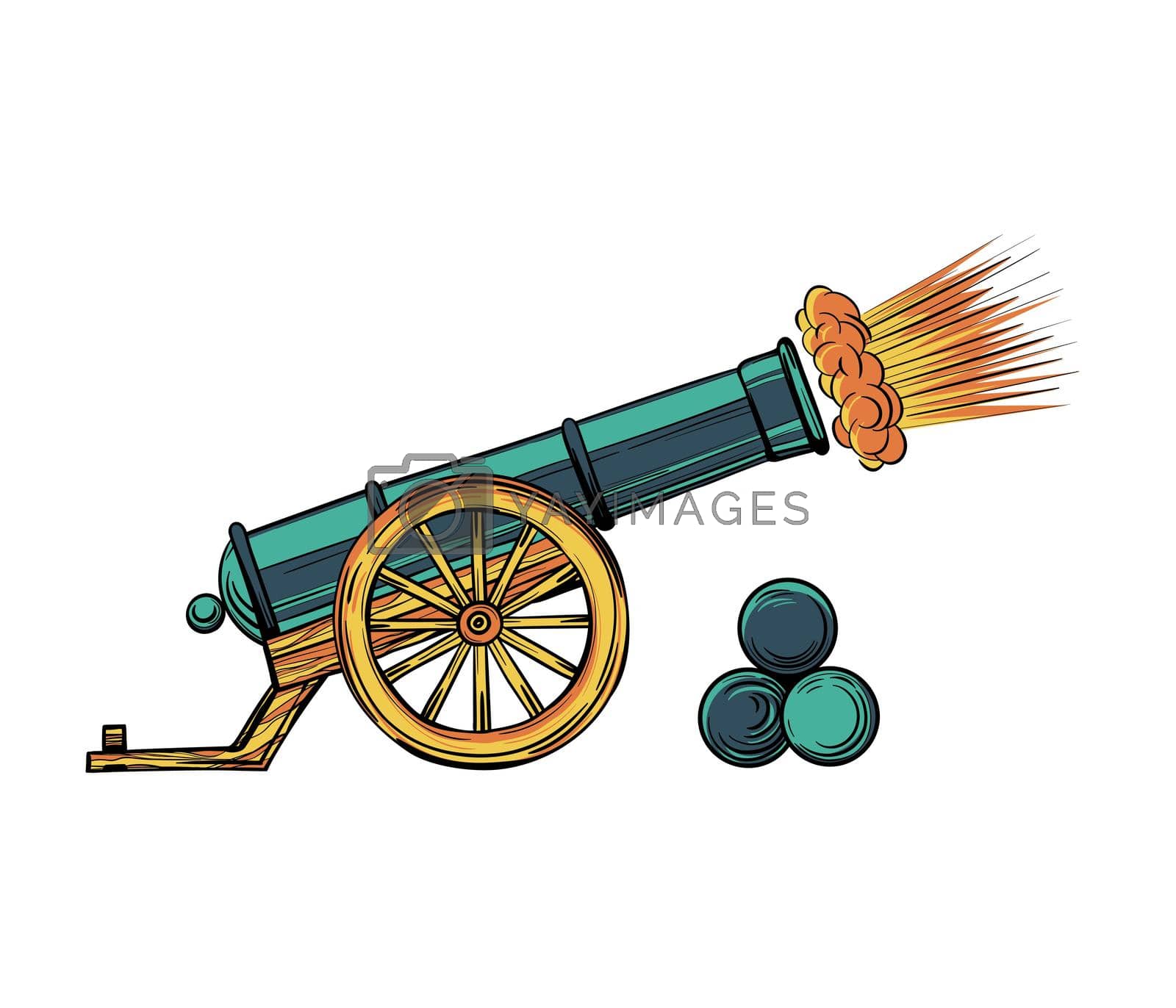 Royalty free image of An ancient cannon with gun cores. Gunshot cartoon vector isolated on white background by roman79