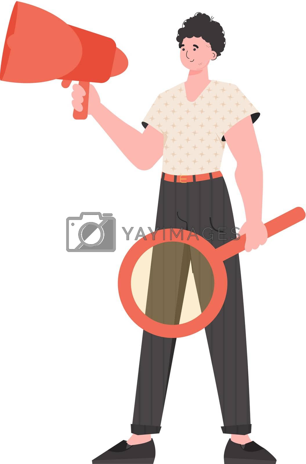 Royalty free image of A man stands in full growth with a magnifying glass and a loudspeaker in his hands. Isolated. Element for presentation. by Javvani