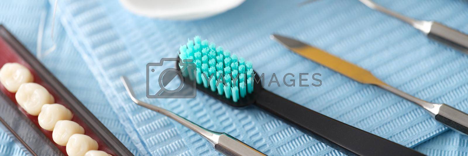 Dental instrument dental floss and dental implants. Dentist services concept