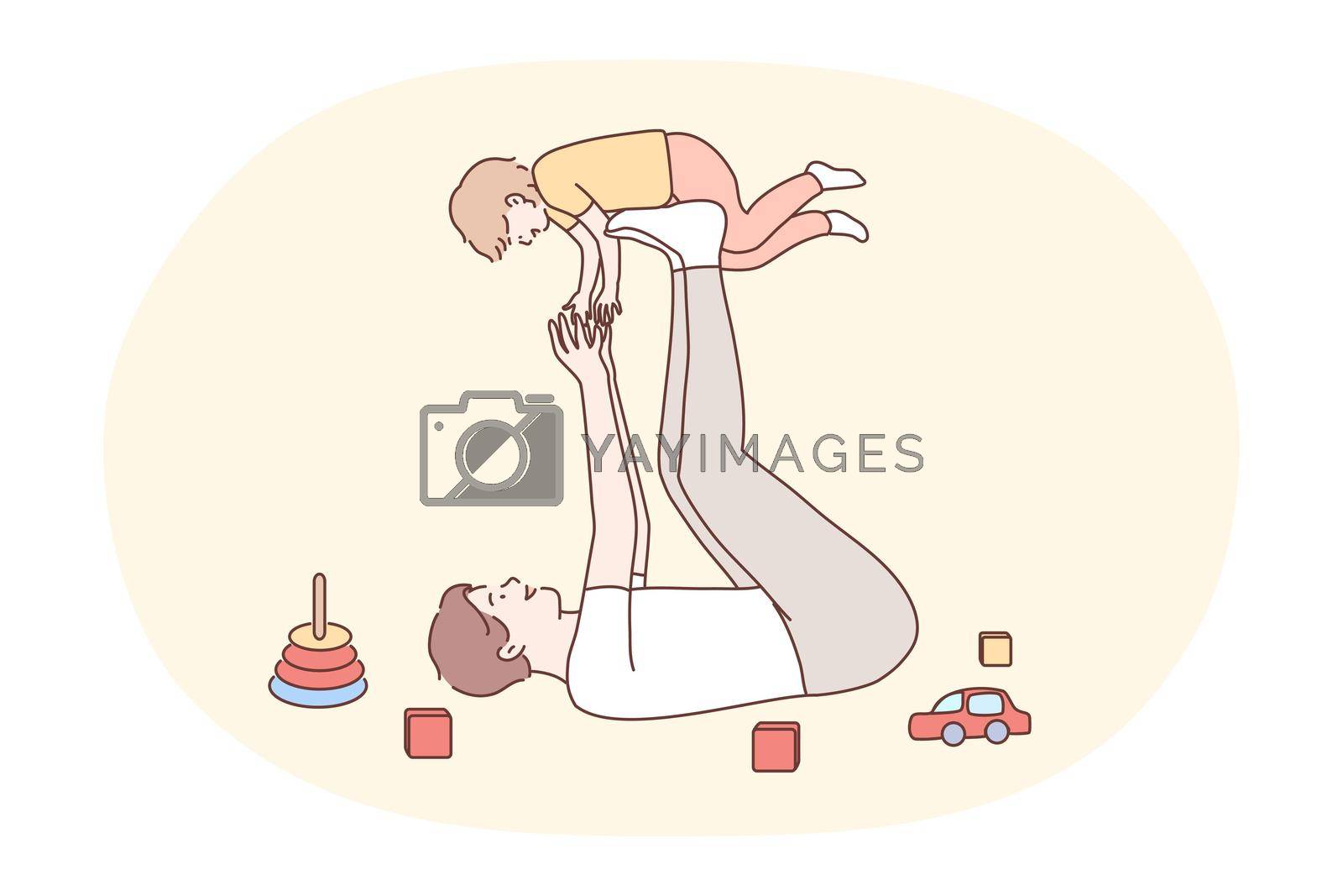 Family, fatherhood, childhood, play, recreation concept. Joyful young man dad daddy cartoon character lying on floor lifting excited happy child kid son. Holiday and fathers day vector illustration.