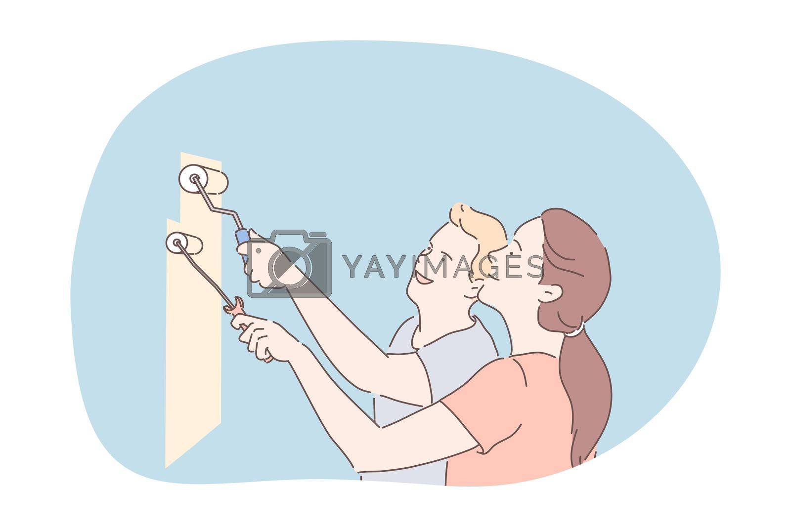 Renovation, decorating interior, colouring walls concept. Happy young couple cartoon characters standing and colouring wall with paintbrushes into pastel beige color together during construction works
