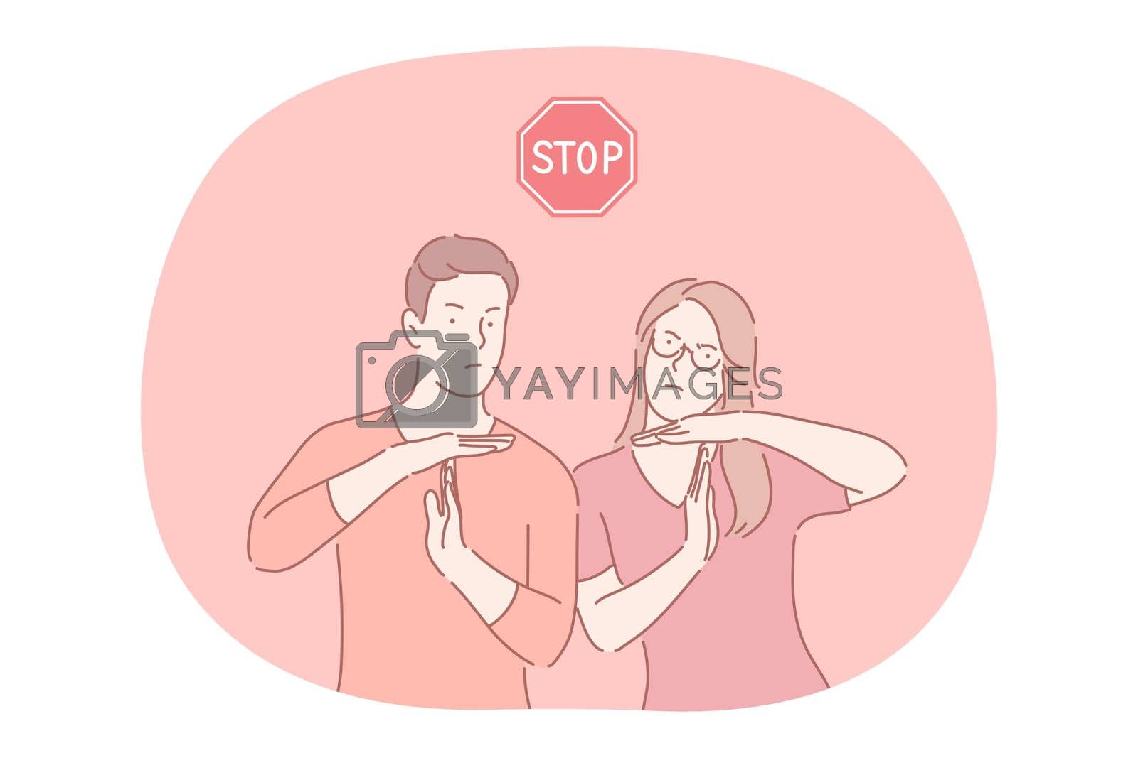 Stop, prohibiting gesture and sign concept. Young serious couple cartoon characters showing stop prohibiting interruption gesture with hands and red stop road sign above vector illustration