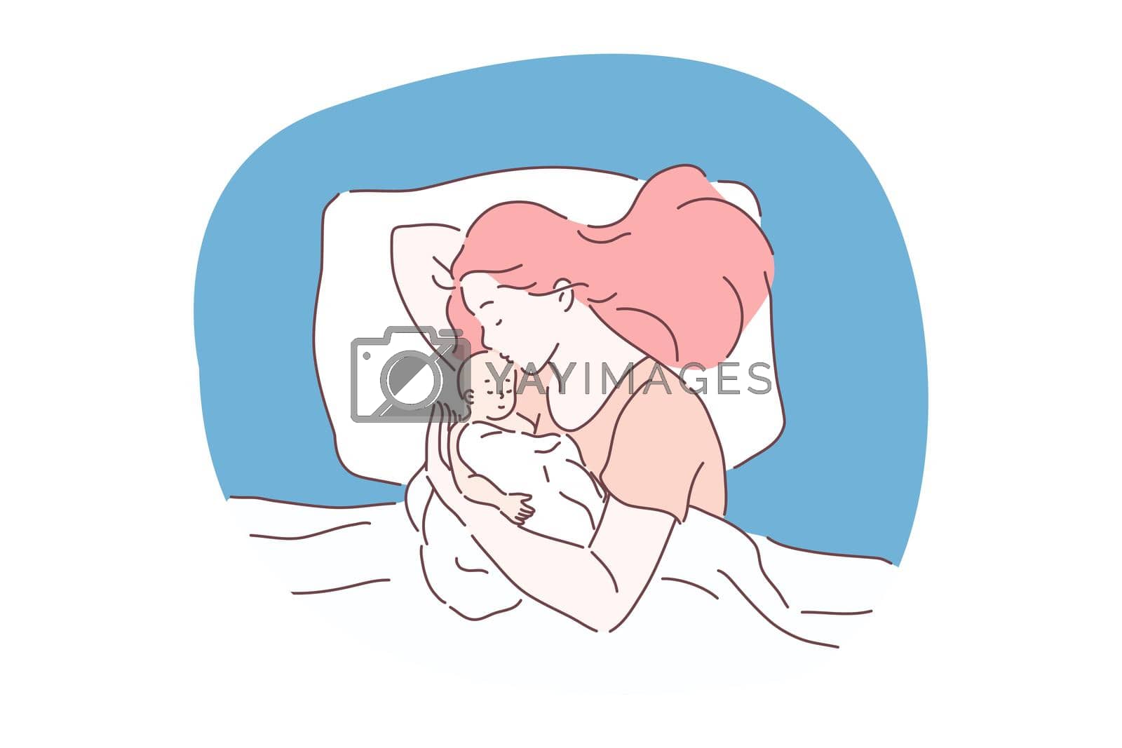 Sleeping, relaxation and comfortable rest concept. Young woman mother cartoon character sleeping and hugging her little baby toddler in bed under blanket at home vector illustration