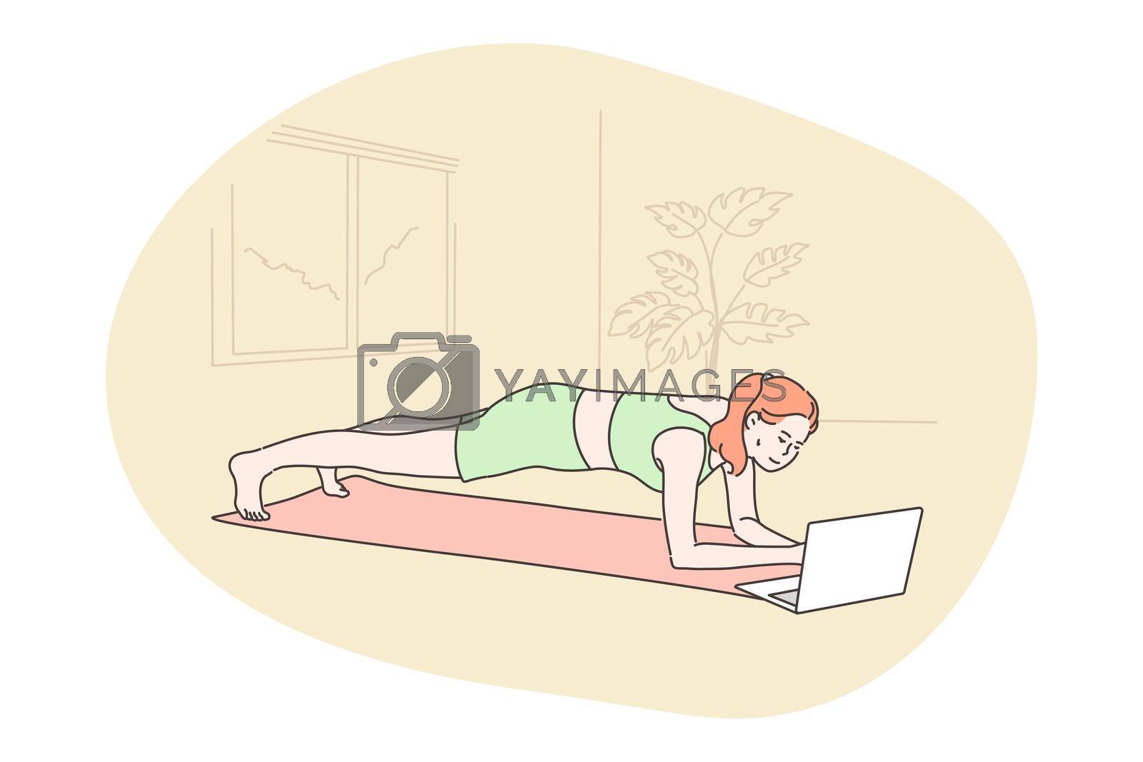 Sport training, yoga, fitness concept. Happy woman athlete in sportswear cartoon character does workout exercise standing in bar plank using laptop at home. Active lifestyle body care illustration.