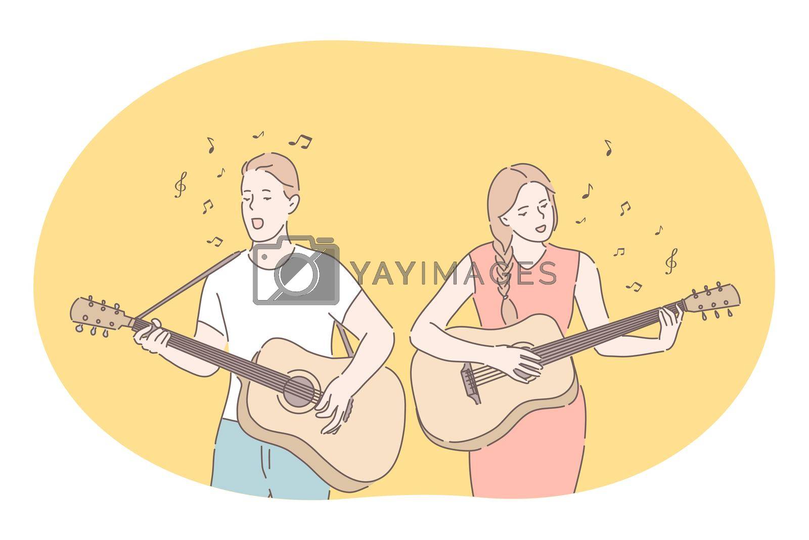 Music, band, playing guitar, singer concept. Young couple man and woman cartoon characters playing guitars and singing together during performance on stage. Music festival, show, singers, melody, song