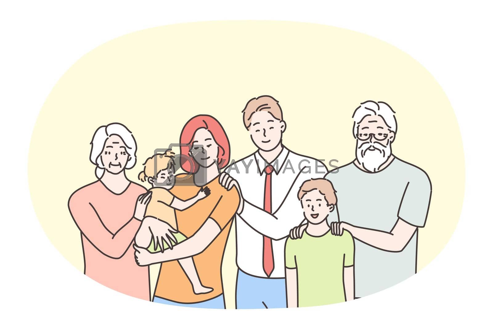 Happy family, parenthood, generations, children concept. Happy parents, grandparents and children standing all together and looking at camera. Togetherness, happiness, couple, kids vector illustration