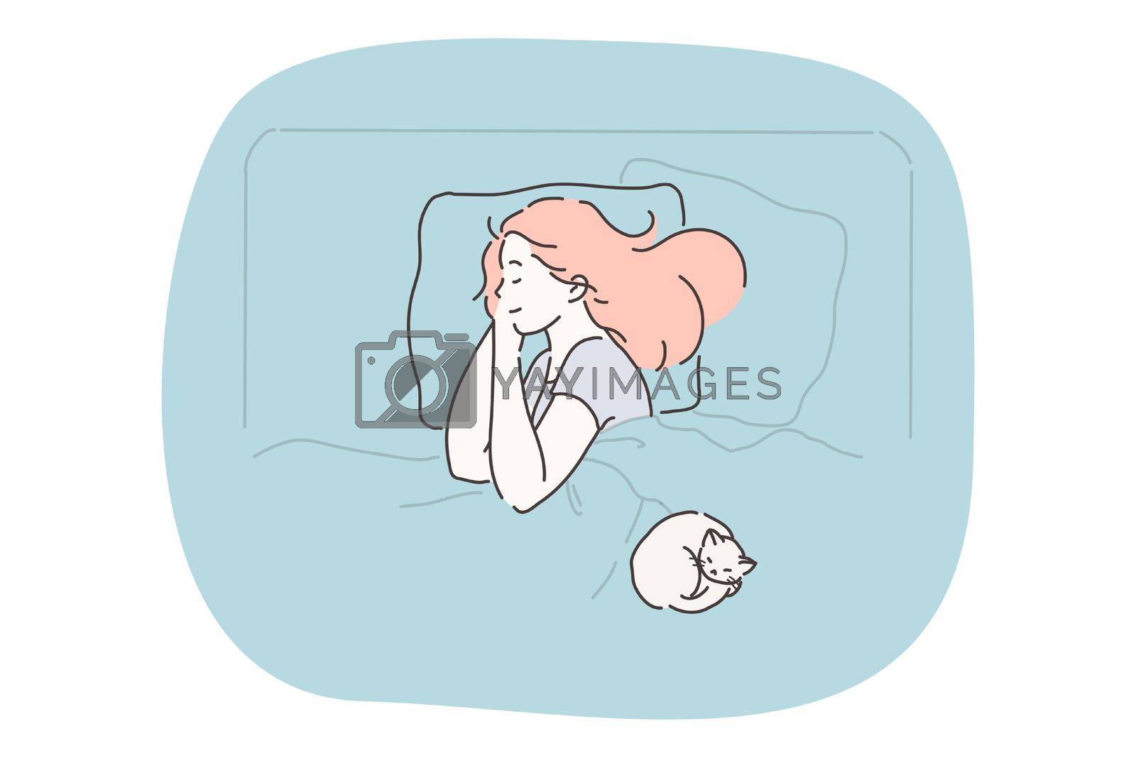 Sleeping, relaxation and comfortable rest concept. Young smiling woman cartoon character sleeping with white cat on pillow in bed under blanket at home vector illustration