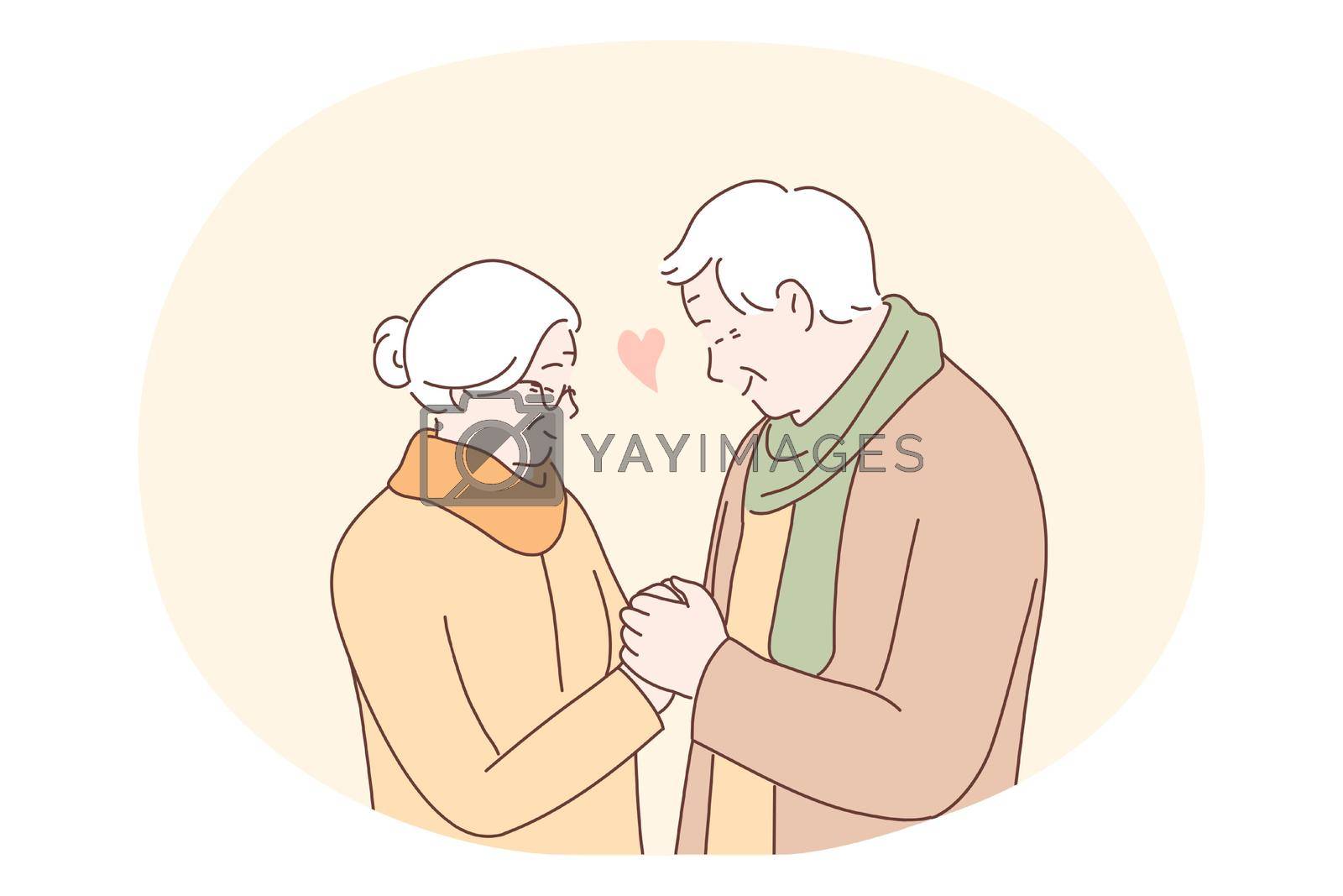 Senior elderly couple living happy active lifestyle concept. Mature aged couple grandparents cartoon characters standing, holding hands and looking at each other with love and tenderness