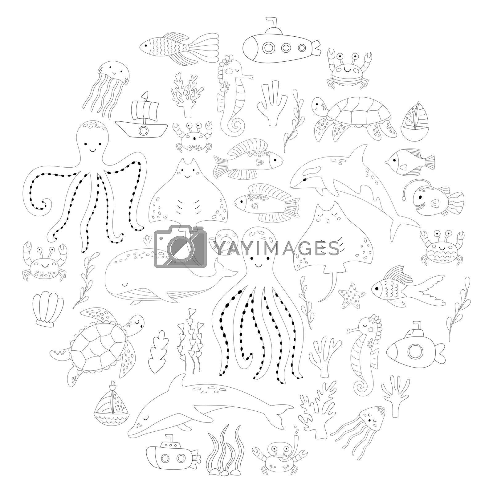Set of doodles of animals and plants of the underwater world for coloring. Vector illustration of corals and boats. Collection of sea fish in outline