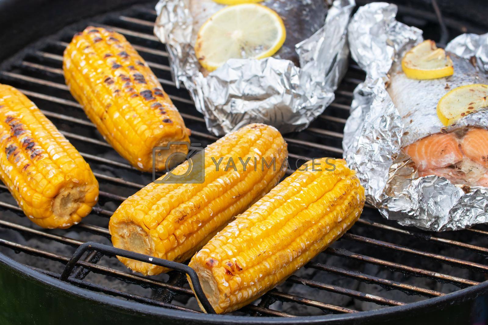 Royalty free image of Several ears of corn are roasted on a round grill by galsand