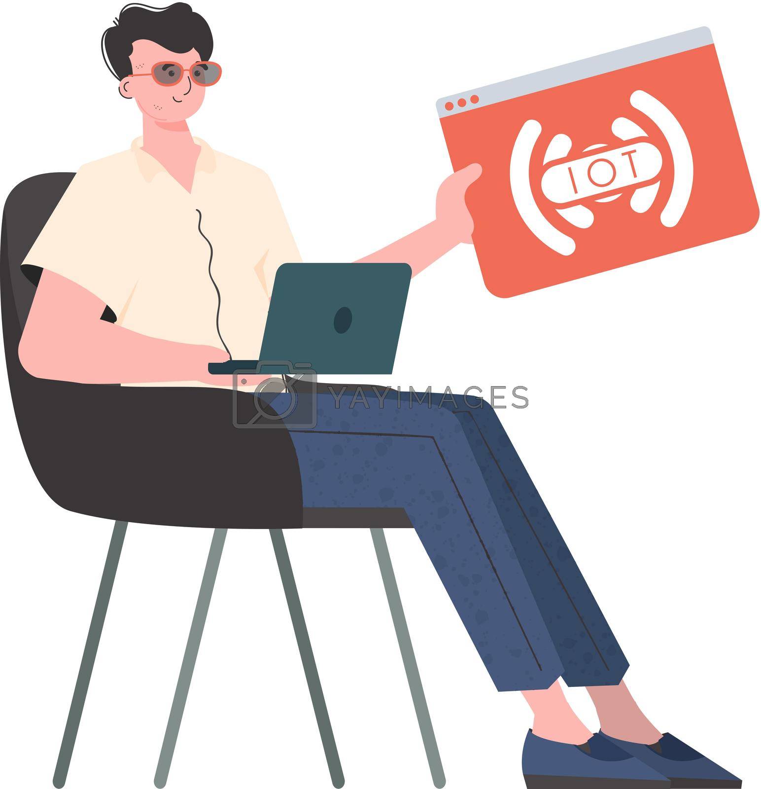 Royalty free image of A man holds an IoT logo in his hands. IoT concept. Isolated. Vector illustration in trendy flat style. by Javvani