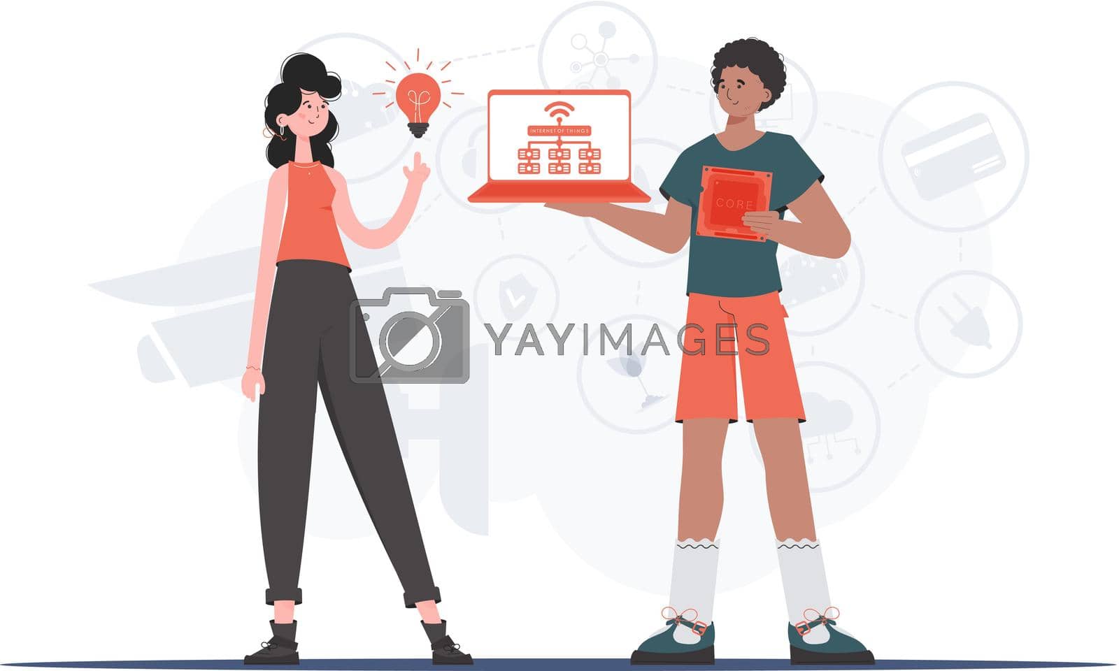 Royalty free image of The girl and the guy are a team in the field of Internet of things. Internet of things concept. Good for presentations and websites. Trendy flat style. Vector. by Javvani