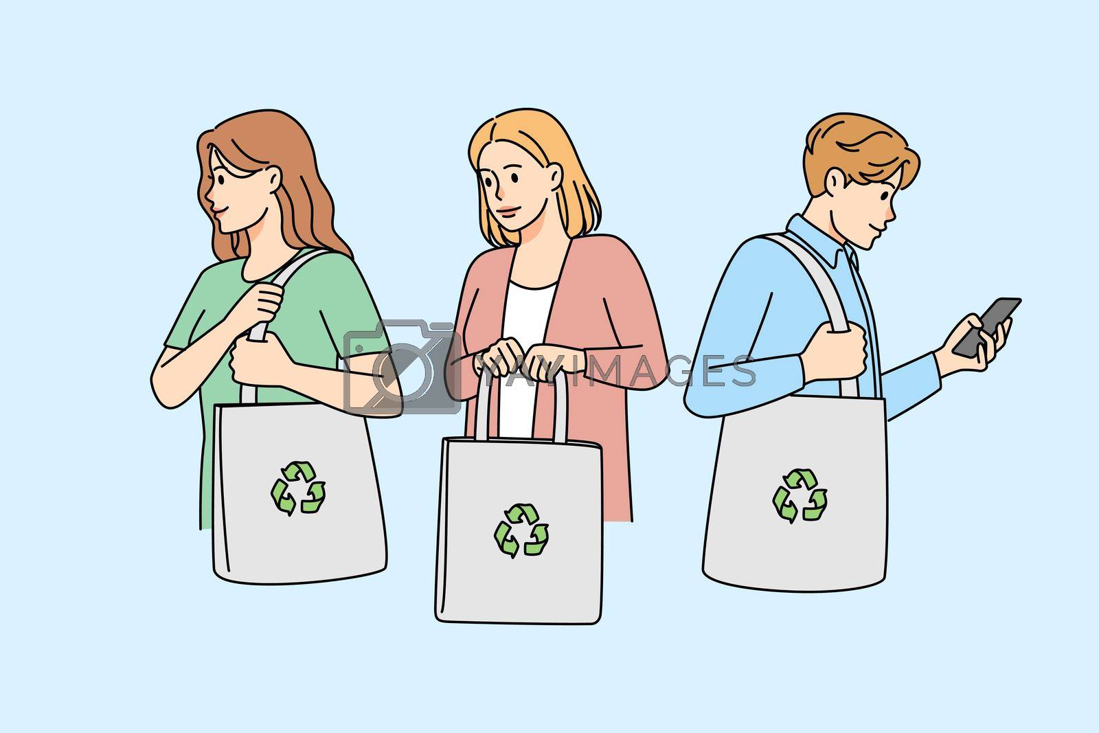 People with eco bags care about nature preservation and environment. Men and women with textile shopper. Zero waste concept. Vector illustration.