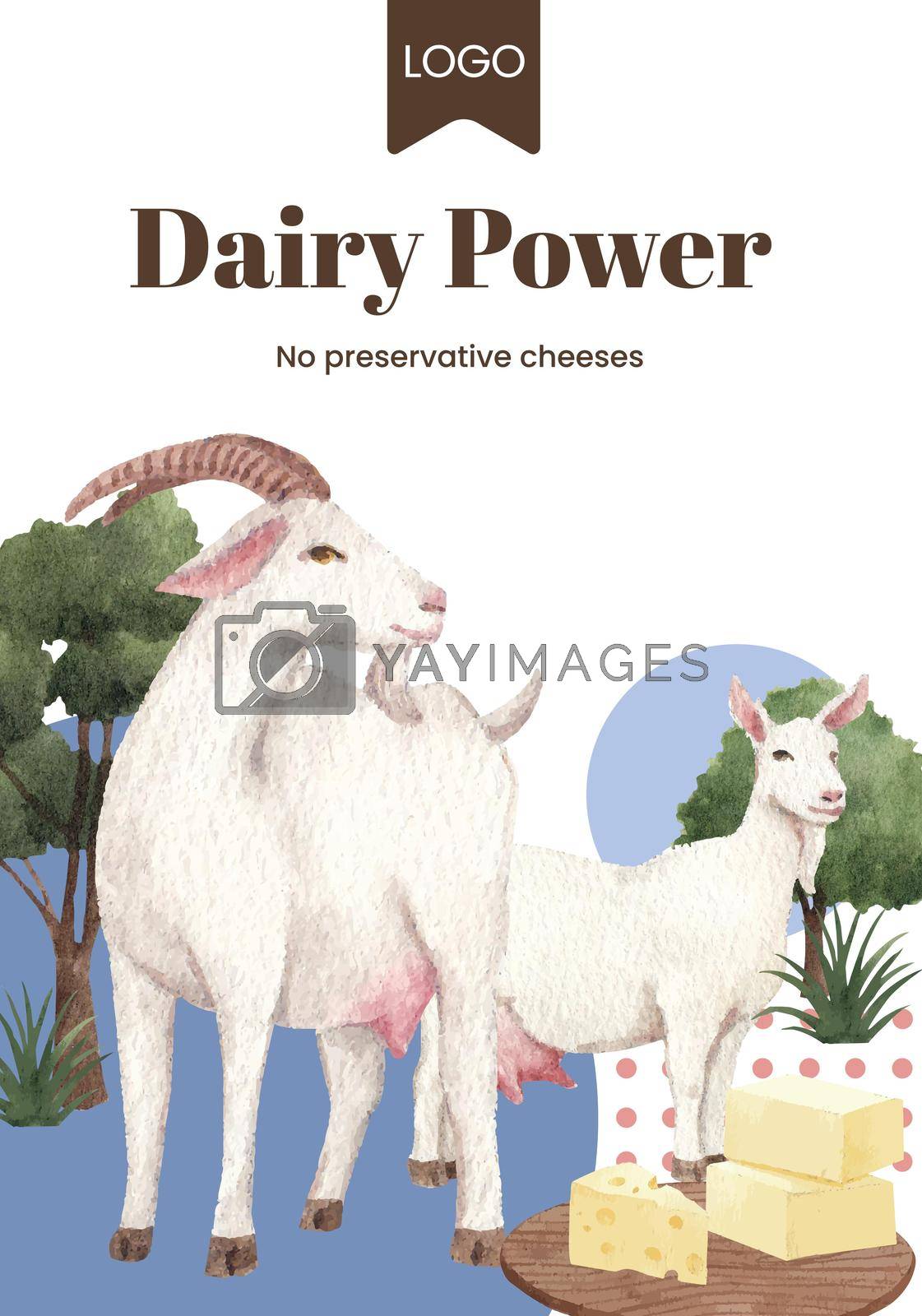 Royalty free image of Poster template with goat milk and cheese farm concept,watercolor style by Photographeeasia