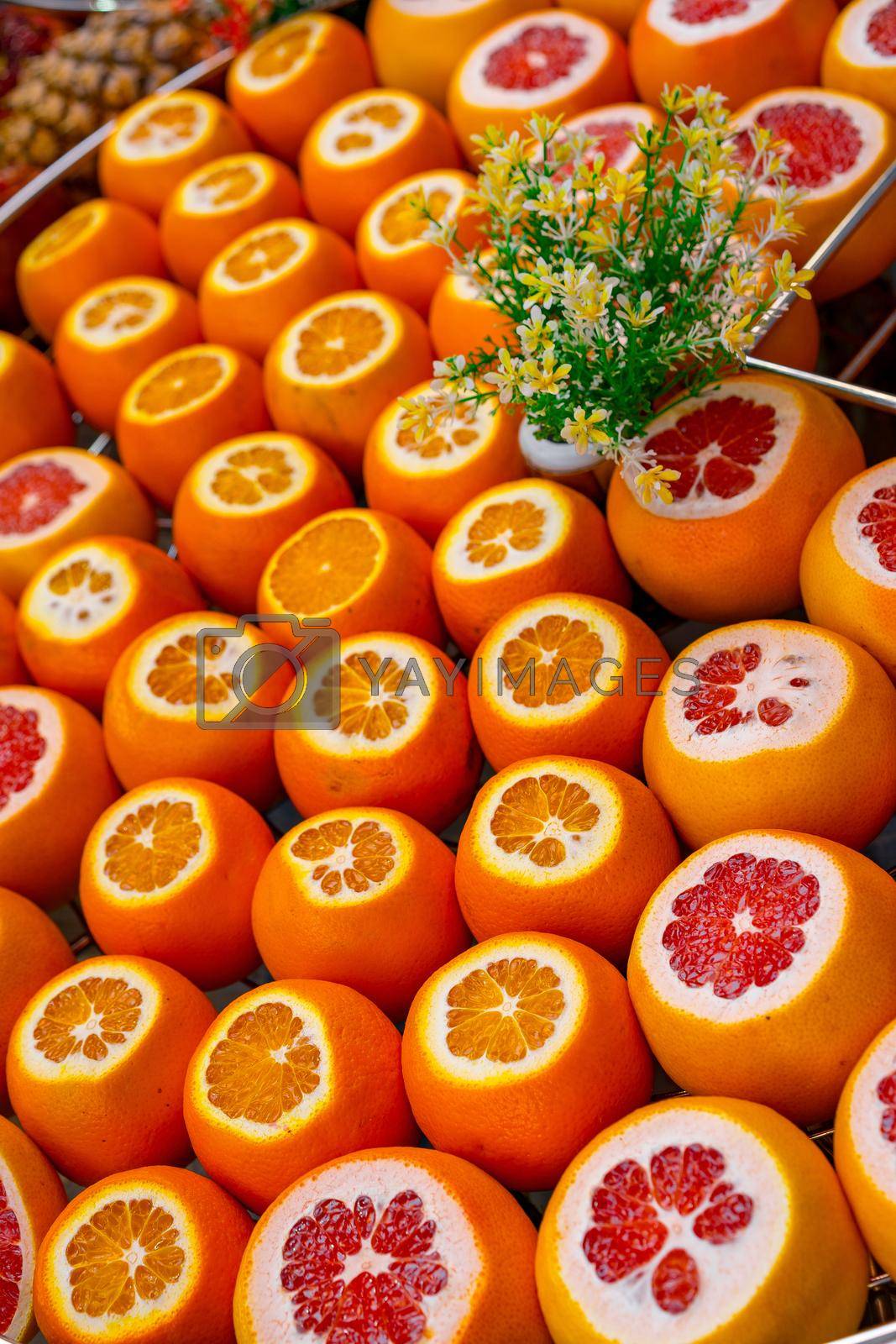 Royalty free image of Oranges and grapefruits for juice on counter in Istanbul by Fabrikasimf