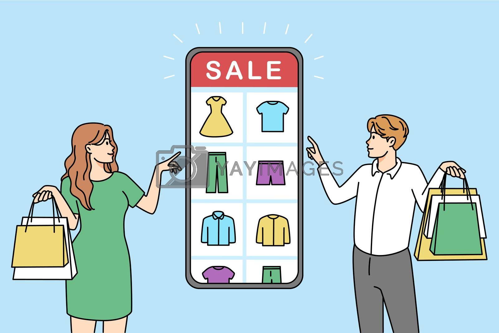Man and woman shopping online on smartphone on sale. People buy order on internet using mobile phone application. Special offer concept. Vector illustration.