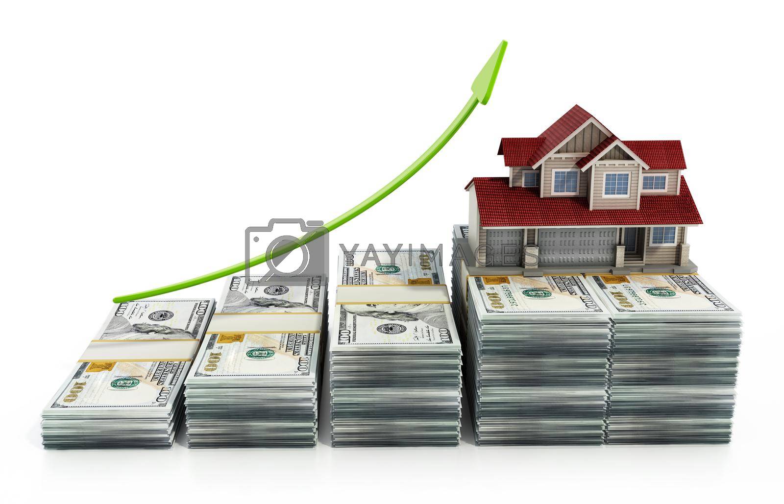 Royalty free image of Luxury house standing on top of dollar bills. Rising house prices concept. 3D illustration by Simsek