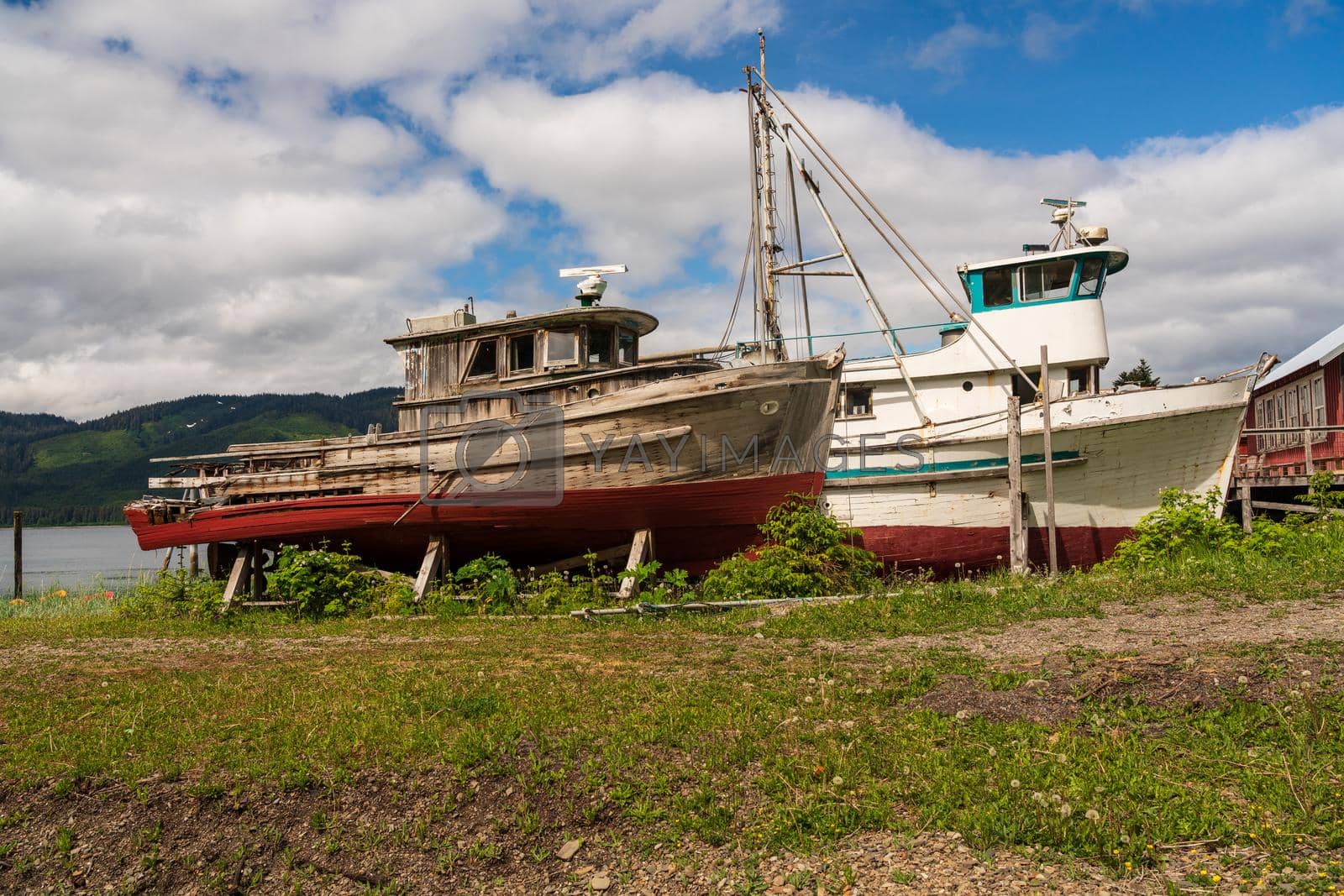 Royalty free image of Historic but rotting fishing boats by ocean at Icy Strait Point by steheap