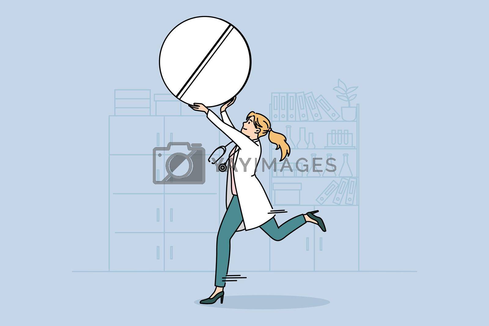 Healthcare and medical drugs concept. Young smiling woman doctor pharmacist running holding huge white pill in raised hands vector illustration