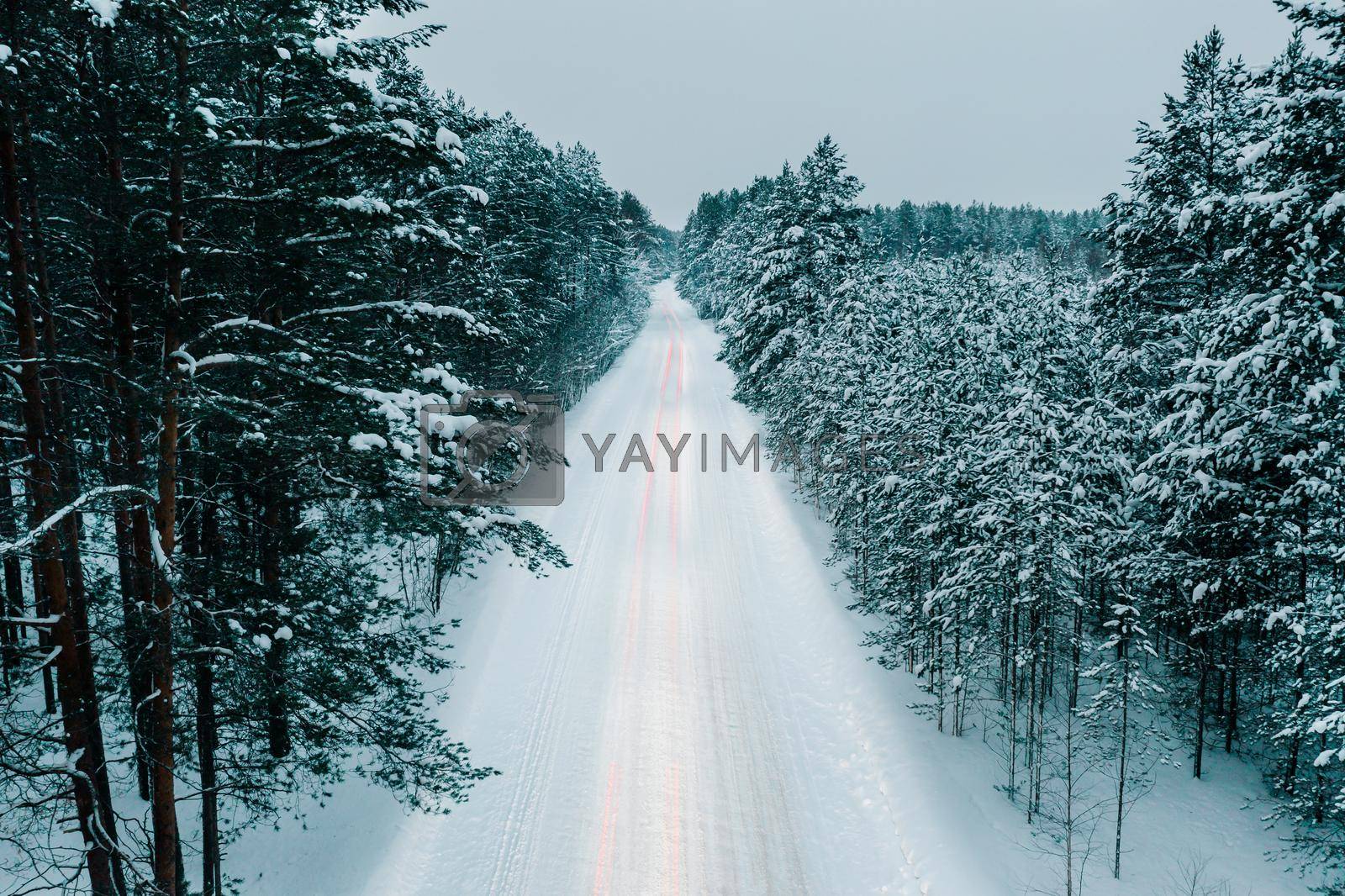 Royalty free image of Aerial drone view of snowy winter road in forest by fascinadora