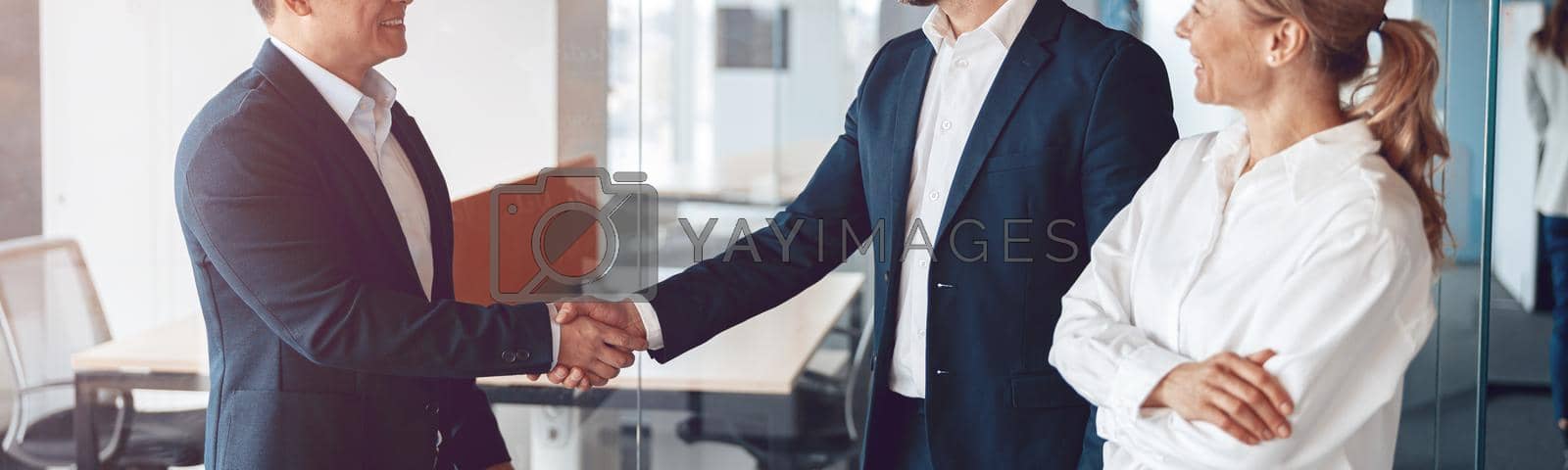 Royalty free image of Welcome to our team, mature modern men in formal wear shaking hands in modern office by Yaroslav_astakhov