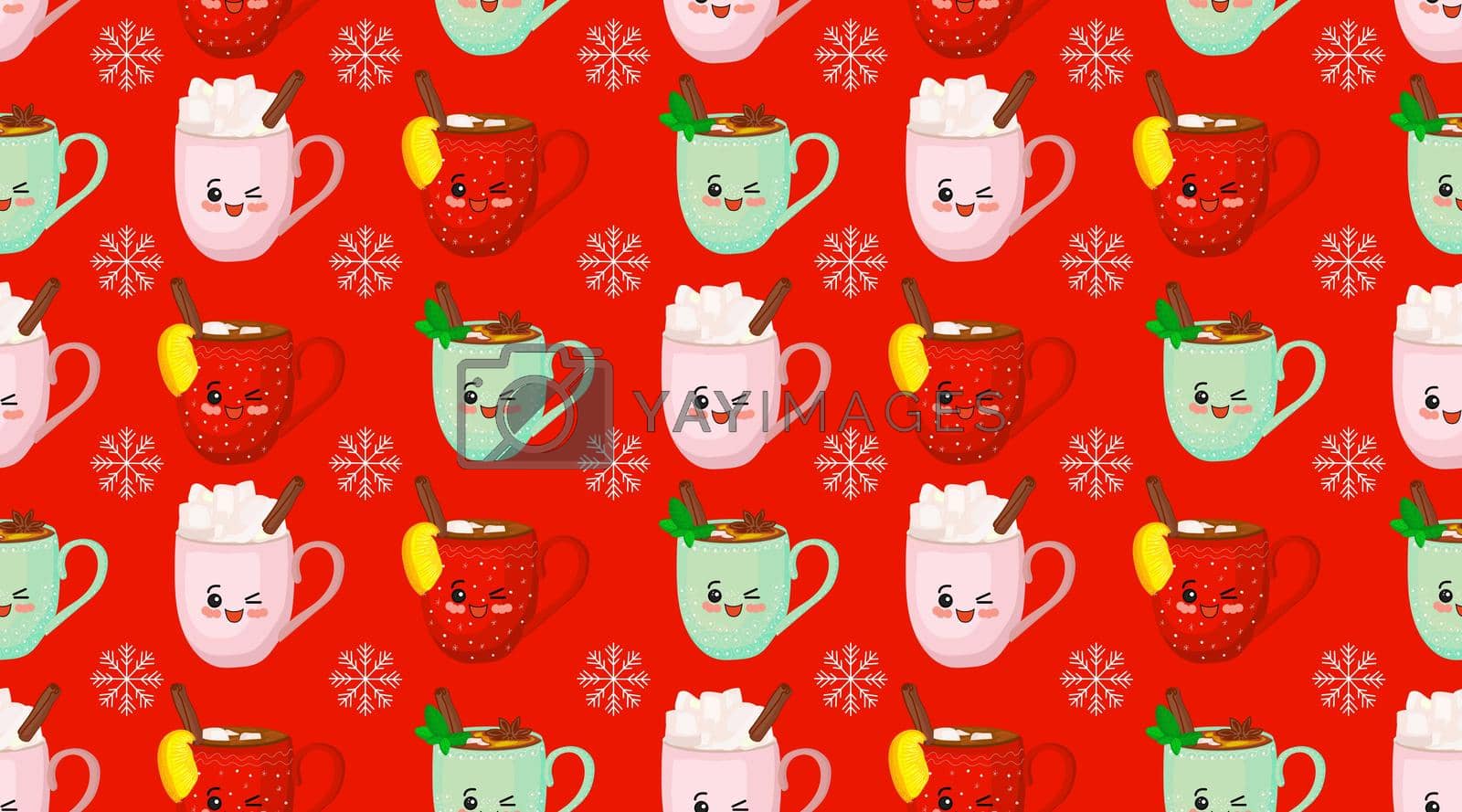 Royalty free image of Seamless christmas pattern. Cute characters New Year. Christmas decorations. Winter drinks. Red background. Cartoon cup.. by annatarankova