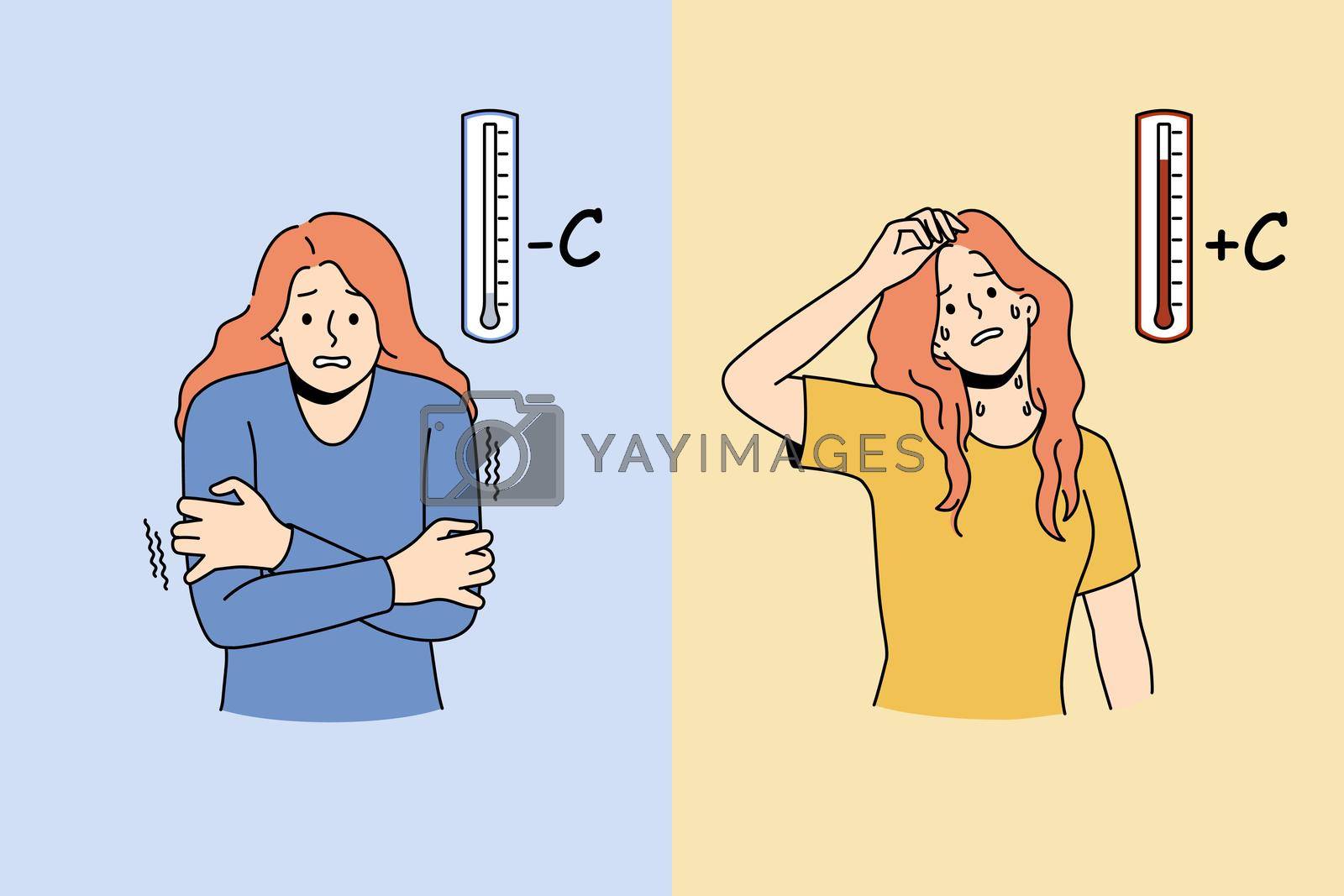 Young woman suffer from cold and hot weather. Unhappy unwell girl struggle with climate change. Winter and summer season problem. Vector illustration.