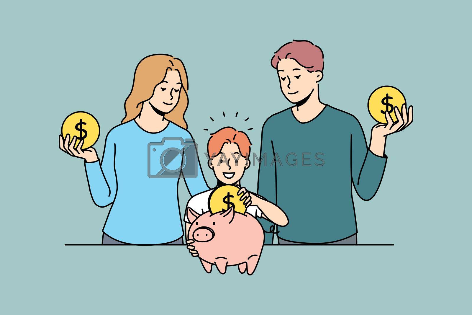 Royalty free image of Happy parents and child saving money in piggybank by VECTORIUM