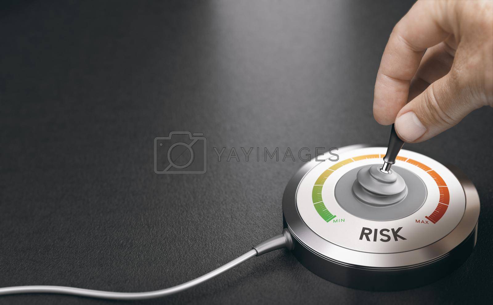 Man hand using a conceptual joystick over black background to monitor risk and make a risky choice. Composite image between a photography and a 3D background.