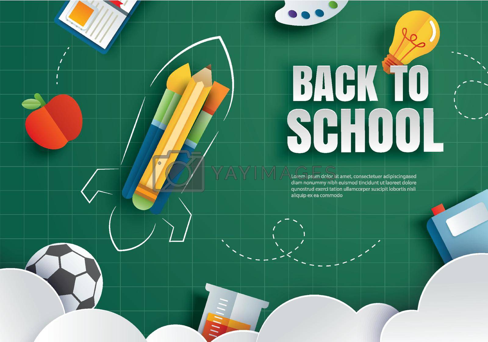 Royalty free image of Back to school with education items on green chalkboard background in paper art style. by kaisorn