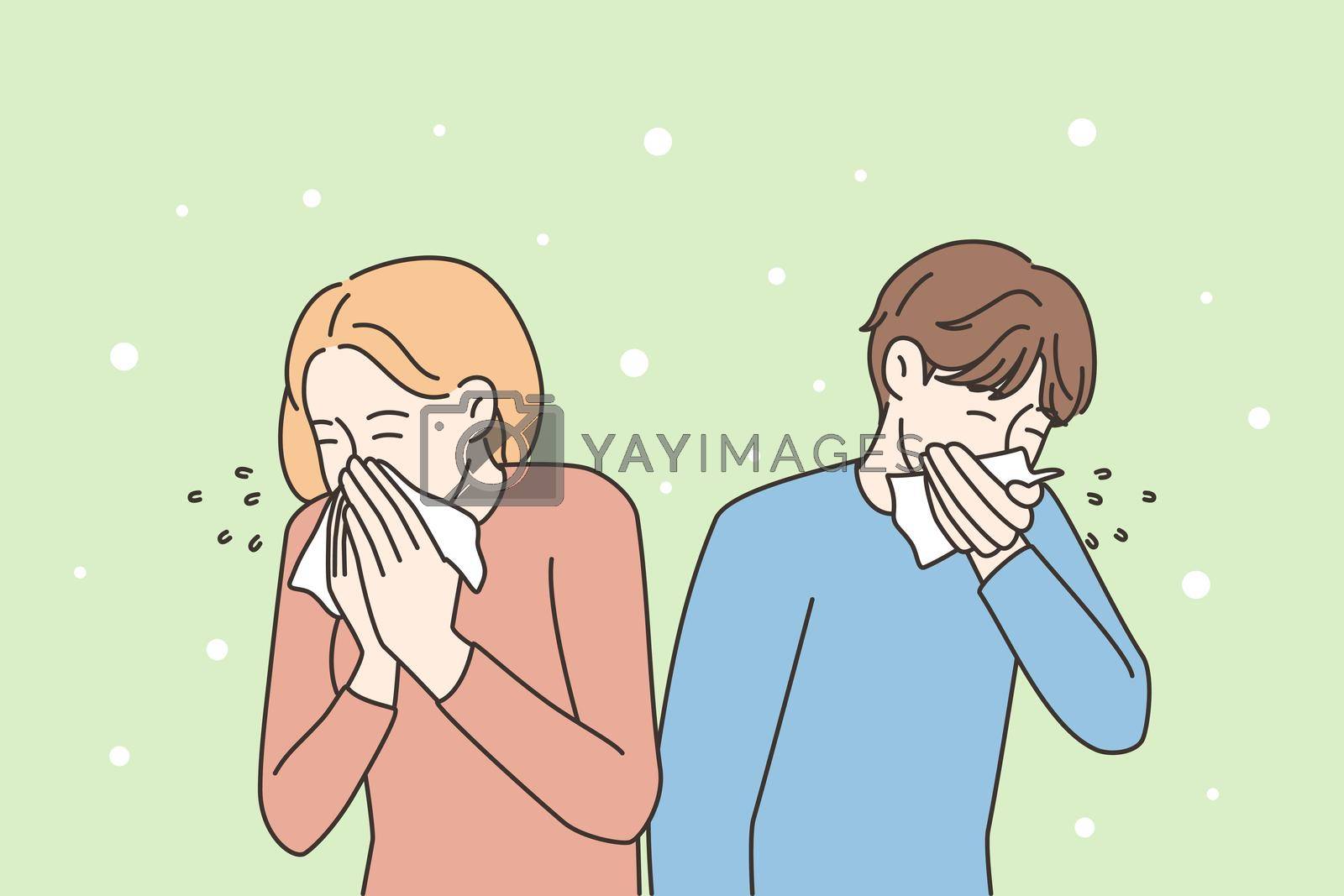 Unhealthy man and woman blowing nose suffer from flu or cold. Sick people struggle with health problems, have influenza or covid symptoms. Vector illustration.