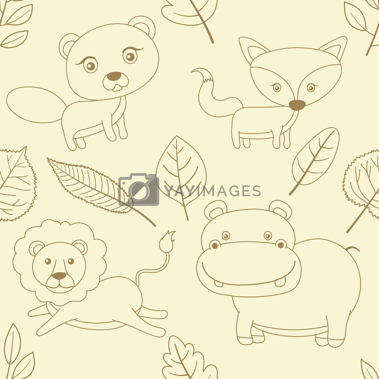 Seamless doodle outline wild animals cartoon pattern