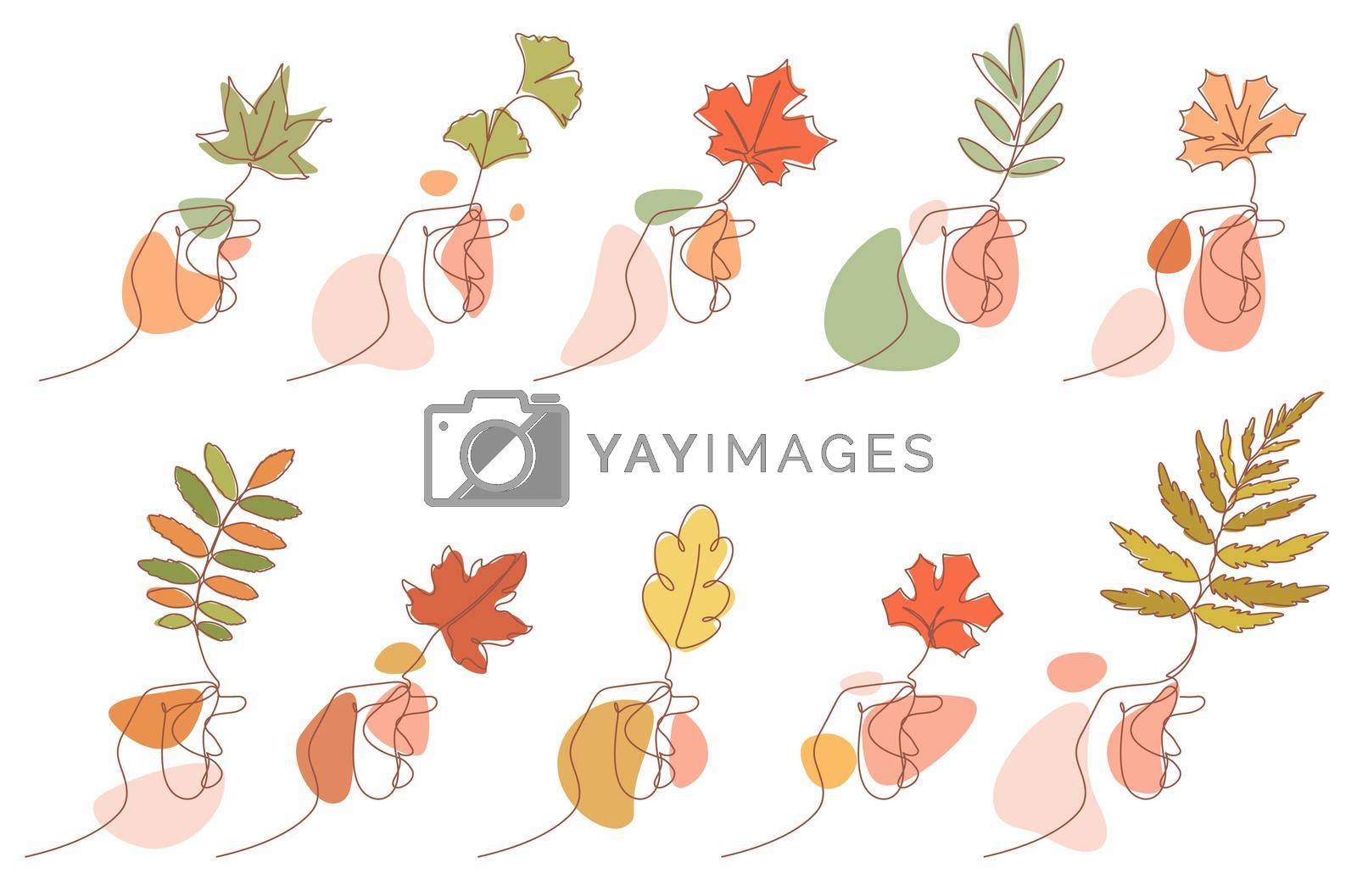 Royalty free image of continuous line drawing of hand holding autumn leaves by dhtgip