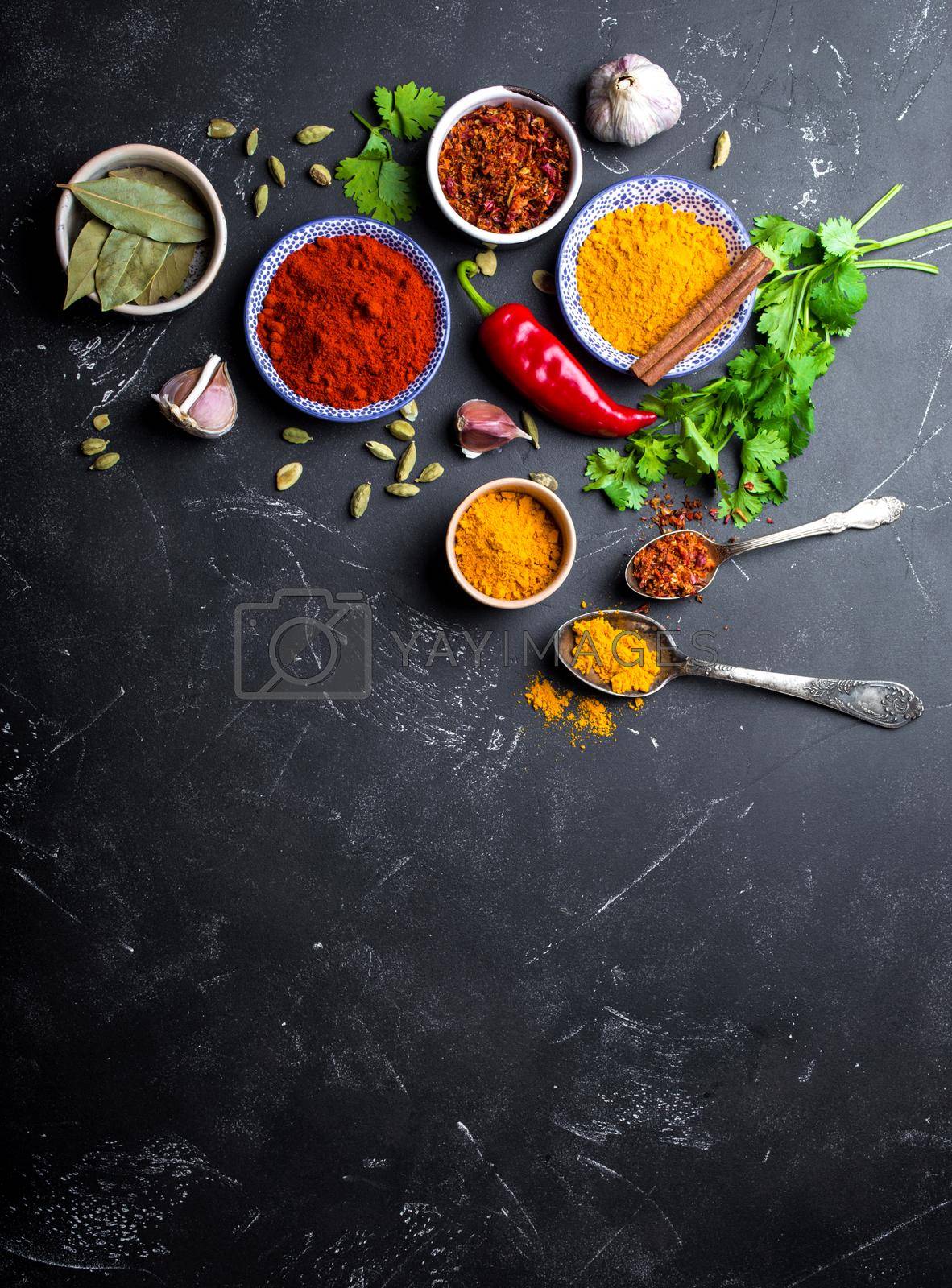 Indian food cooking background. Traditional Indian spices and ingredients. Curry, turmeric, cardamom, garlic, pepper, fresh cilantro, cinnamon. Preparing exotic meal. Top view, space for text