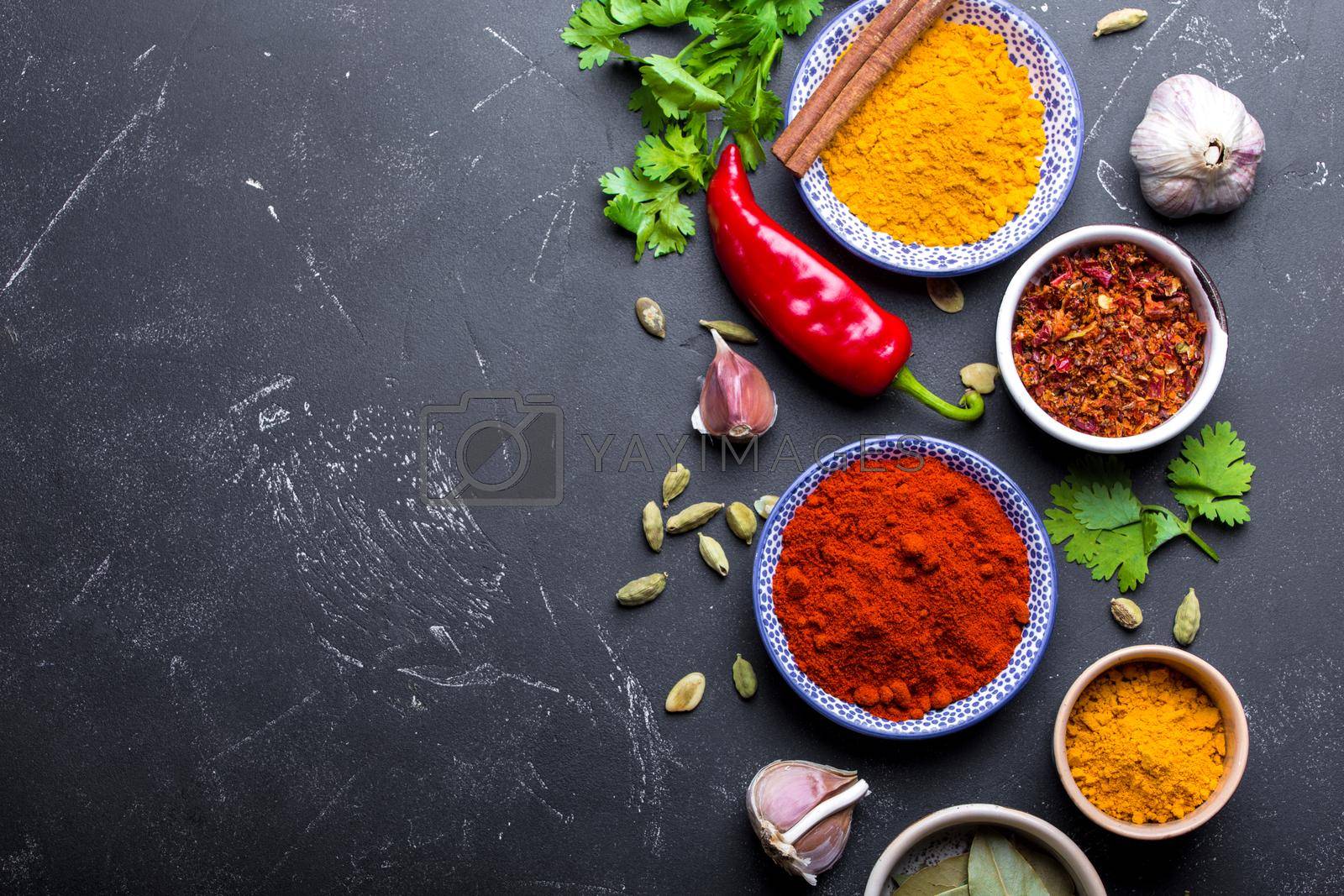 Set of Indian food cooking ingredients. Traditional Indian assorted spices and herbs. Curry, turmeric, cardamom, garlic, pepper, cilantro, cinnamon. Preparing exotic meal. Top view, close up