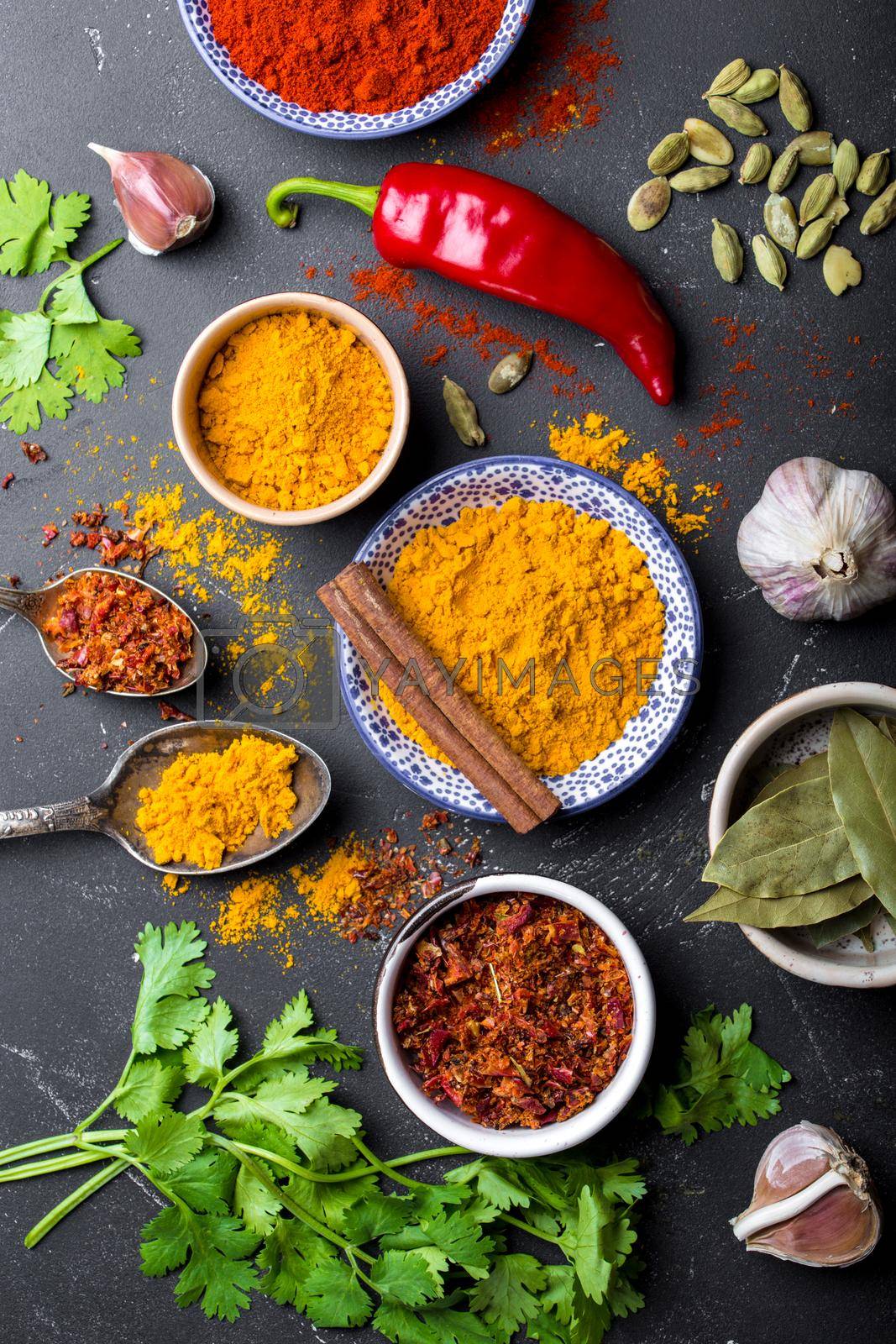 Set of Indian food cooking ingredients. Traditional Indian assorted spices and herbs. Curry, turmeric, cardamom, garlic, pepper, cilantro, cinnamon. Preparing exotic meal. Top view, close up