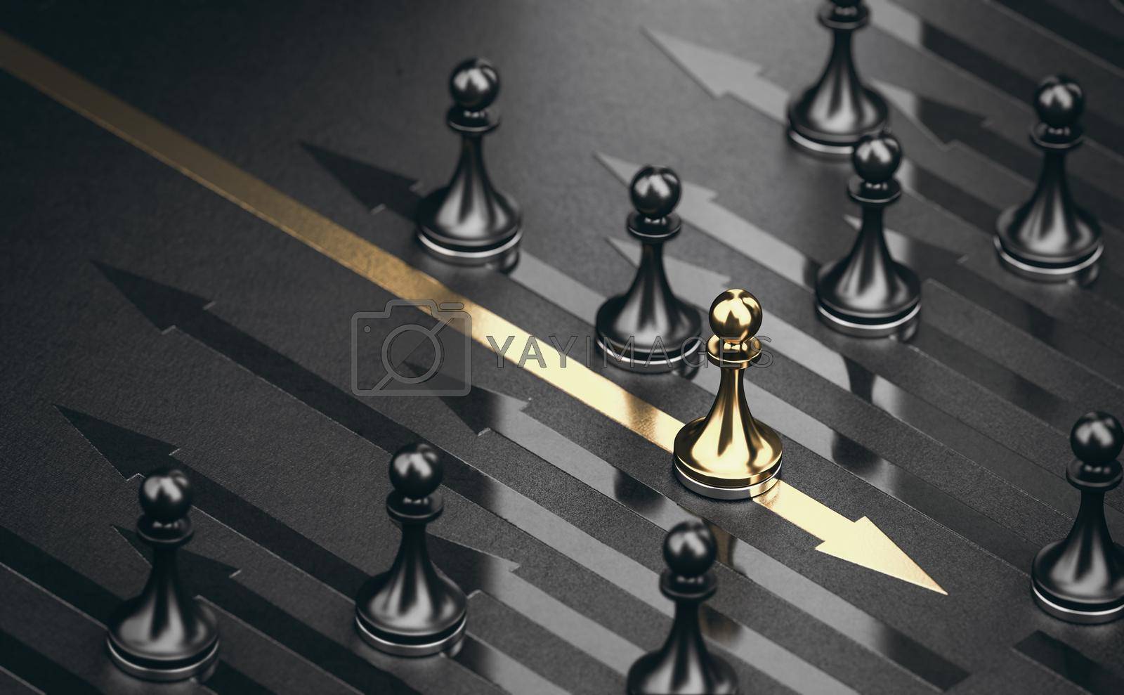 3d illustration of many black pawns going on the same direction and a golden one going on the opposite side.