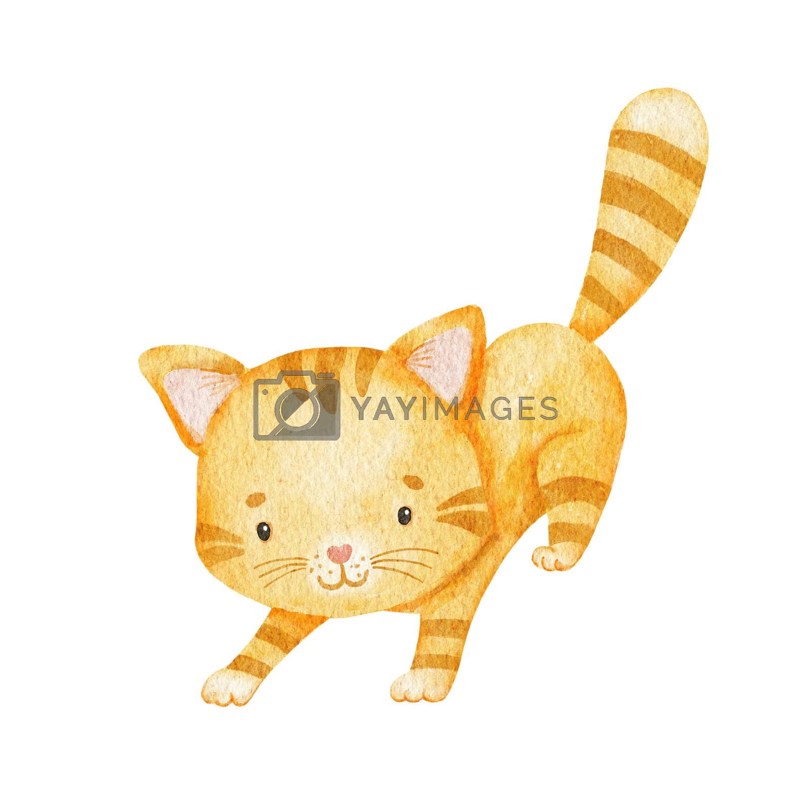 Royalty free image of Cute funny cat. Watercolor character illustration Isolated on white background. Red kitty playing by ElenaPlatova